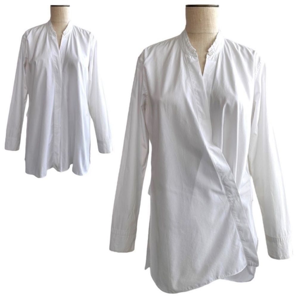 Helmut Lang Cream Asymmetrical Wrap Blouse with Mandarin Collar, XS